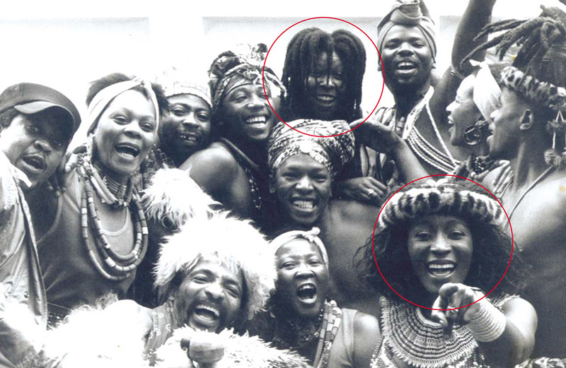 Africa Umoja- Performing at the celebration of Nelson Mandela’s Birthday Party in the UK. Thembi is seen (bottom right) in the front row. Can you spot the famous person in the picture? Yep, that’s Whoopi Goldberg (centre back row) with her famous, trademark dreadlocks!